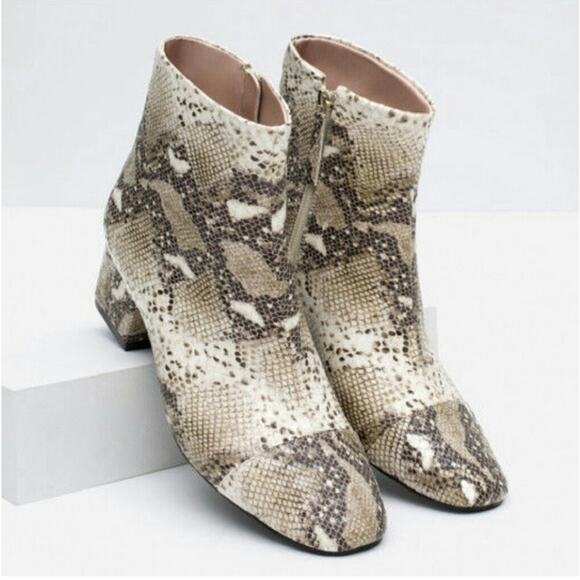 ZARA Snakeskin Cap Toe Leather Boots Snake Ankle Heeled Booties, Black/ White - Picture 1 of 11